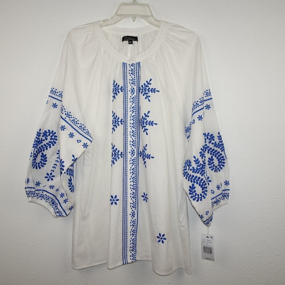 White Tunic with Blue Embroidery - Boho Peasant Top